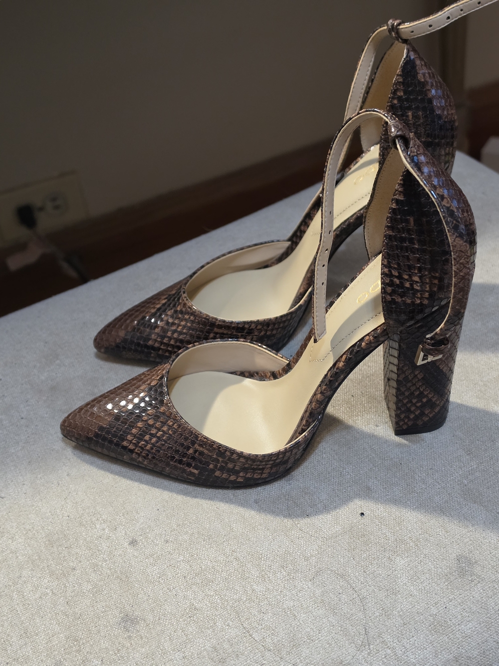 Aldo Brown Snake-Print Pointed Toe Ankle-Strap Block Heels